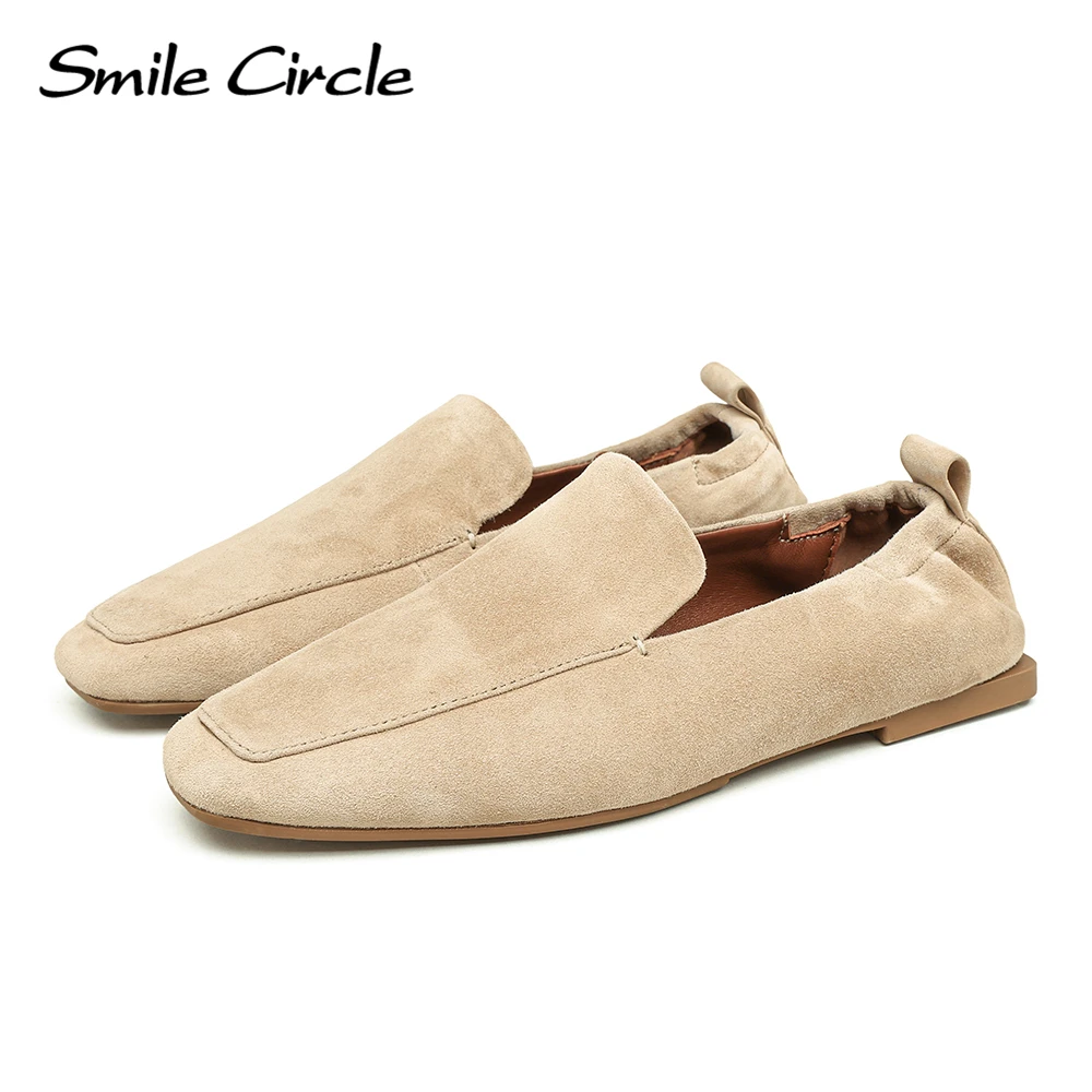 Smile Circle Suede Leather Loafers Women Square toe Slip-on Flat Shoes Simple Comfortable and Soft Women\'s Casual Shoes