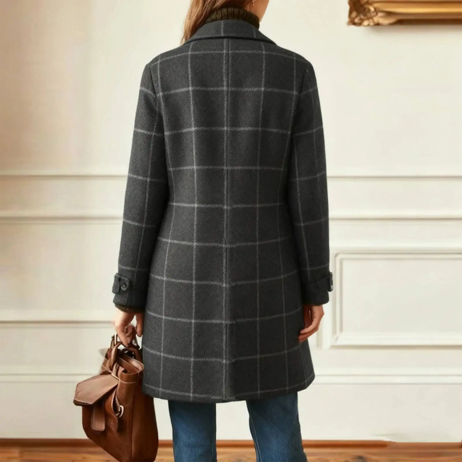 Winter Plaid Wool Trench Single-Breasted Mid-Length Notched Collar Coat Trendy Casual Fashion Women Outerwear Daily Wear