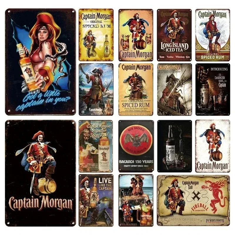 Vintage Drinking Rum Captain Morgan Tin Signs Posters Wall Decor Retro Metal Sign Havana Club Bacardi Kraken Plaque Bar Kitchen