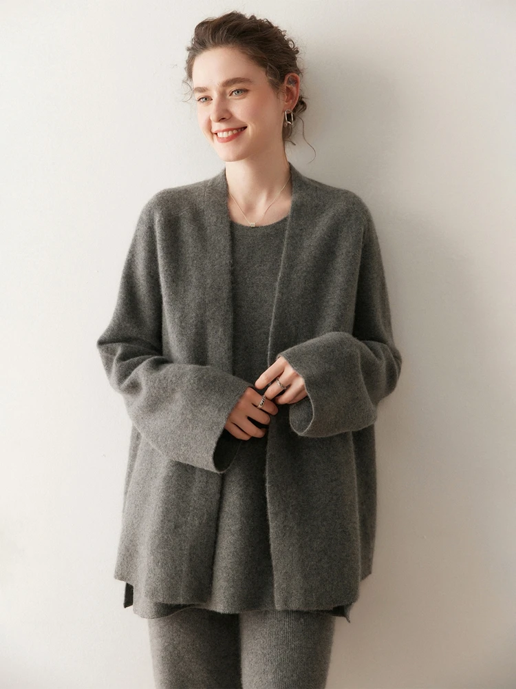 

MEETCC Women's 100% Cashmere Sweater Suit 2Pcs Set Autumn Winter Warm Soft Cardigan Sleeveless Knitted Vest Luxury Top Coat
