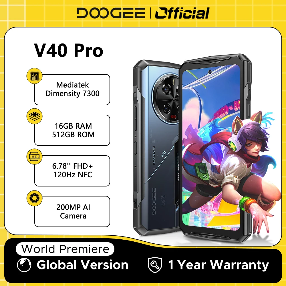 DOOGEE V40 Pro 5G Rugged Phone 6.78" IPS Display 16GB 512GB Dimensity 7300 4nm 200MP Al Camera 8680mAh Mobile Phone Android 14