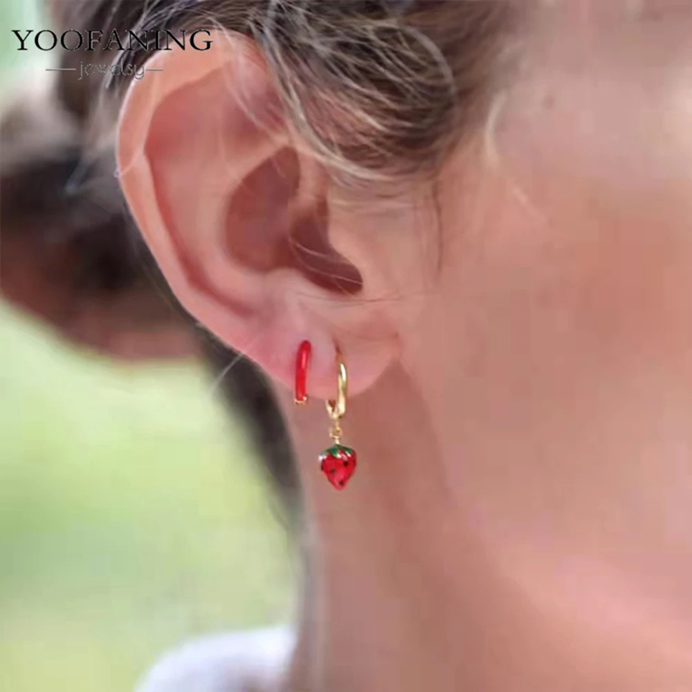 925 Sterling Silver Needle Exquisite Hoop Earrings Red Zircon  Love Strawberry Starfish Red Series Women\'s Earring Jewelry gift