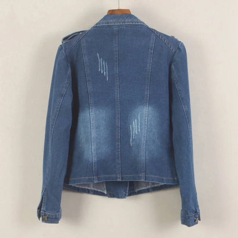 Vintage Washed Dark Blue Slim Short Jeans Jacket Frayed Burrs Suit Collar Zipper Long Sleeve Spring Autumn Female Cowboy Outwear