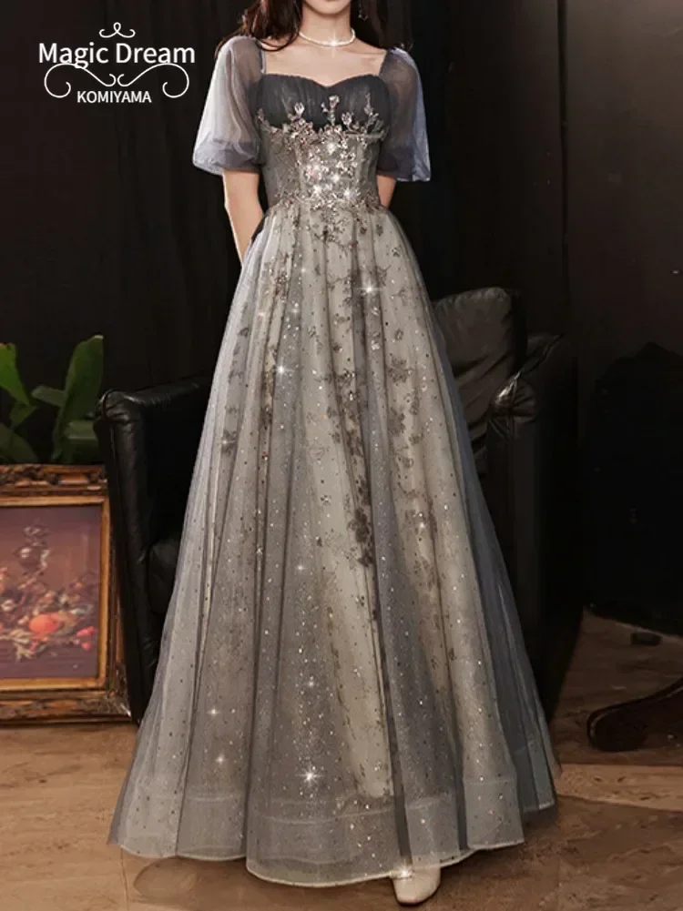 Customized Puff Sleeve Elegant Sequined Evening Dresses Slim Waist Long Wedding Party Robe Square Collar Mesh Tiered Starry Sky