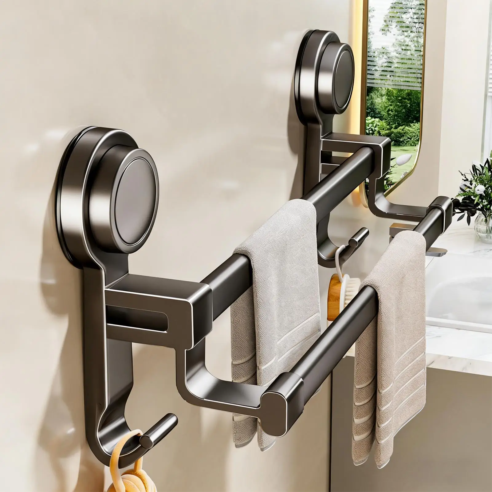 

Держатель для полотенец на присосках без сверления, настенная вешалка с двумя крючками для квартиры, дома, ванной комнаты, душа, стеклянных поверхностей и зеркал