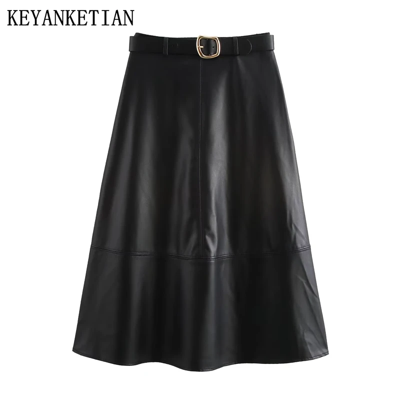 

KEYANKETIAN 2024 Autumn/Winter New Women's Imitation leather MIDI Skirt With Belt Side Zipper High waist A Line Black Skirt