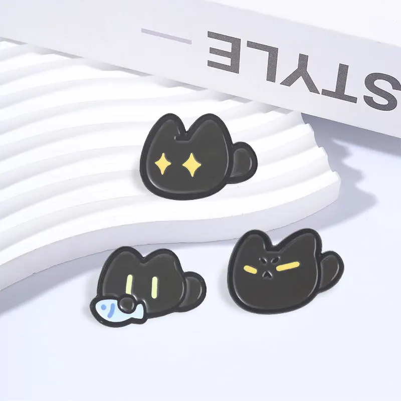 Cute Q-style Cat Enamel Pin Featuring Lazy Squinting Kitty with Fish & Bright Starry Eyes Stylish Decor Gift for Cat Lovers