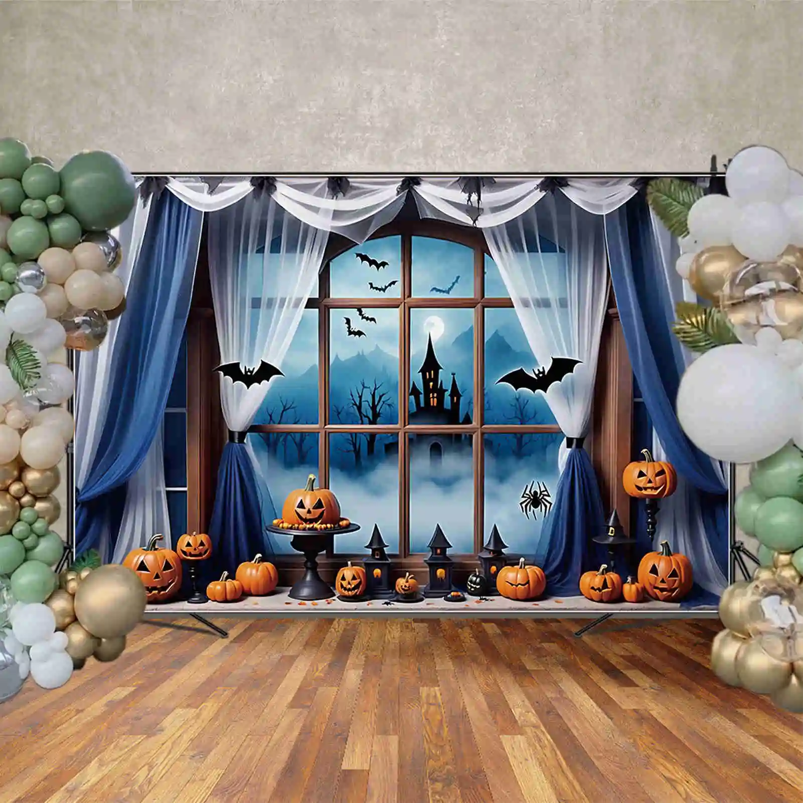 MOON.QG Halloween 2025 Backdrops Bat Mountain Castle Pumpkin Spider Background Custom Party Decorations Photography Accessories