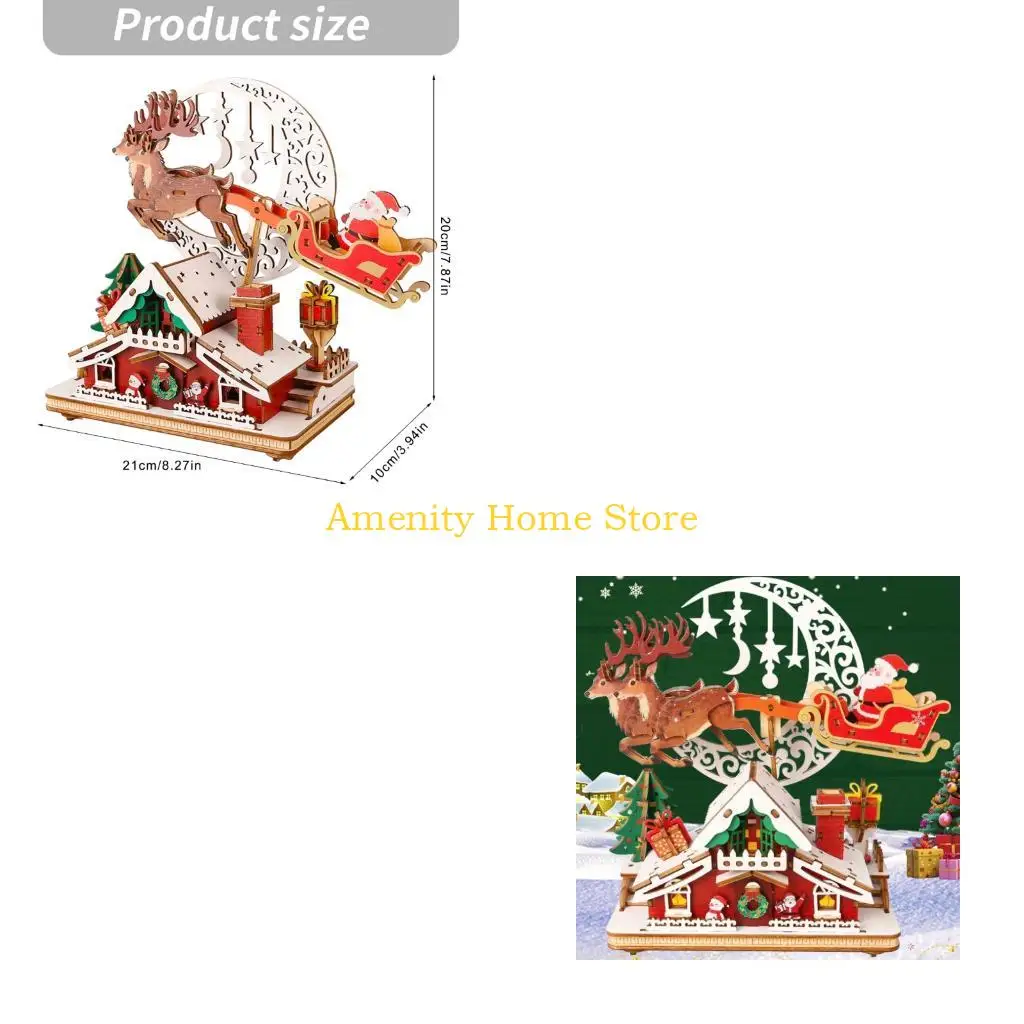 F26C Artistic DIY Wooden Christmas Ornament With Light Up Feature And Musical Tone Building Puzzle Music Box Holiday Gift