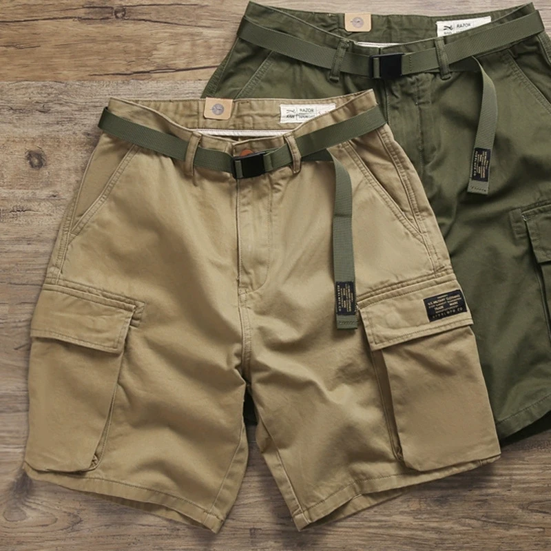 

Japanese Style Summer Workwear Shorts Men's Retro Loose Straight Large Pocket Casual Cargo Short Pants Cotton Adjustable Belt