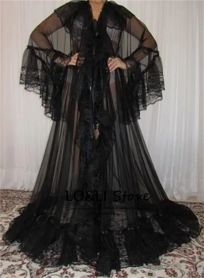 Black Lace See Through Pajamas For Women Christmas Sexy Bathrobe Floor Dresses Female Wedding Robe Custom Made Women Seepwear