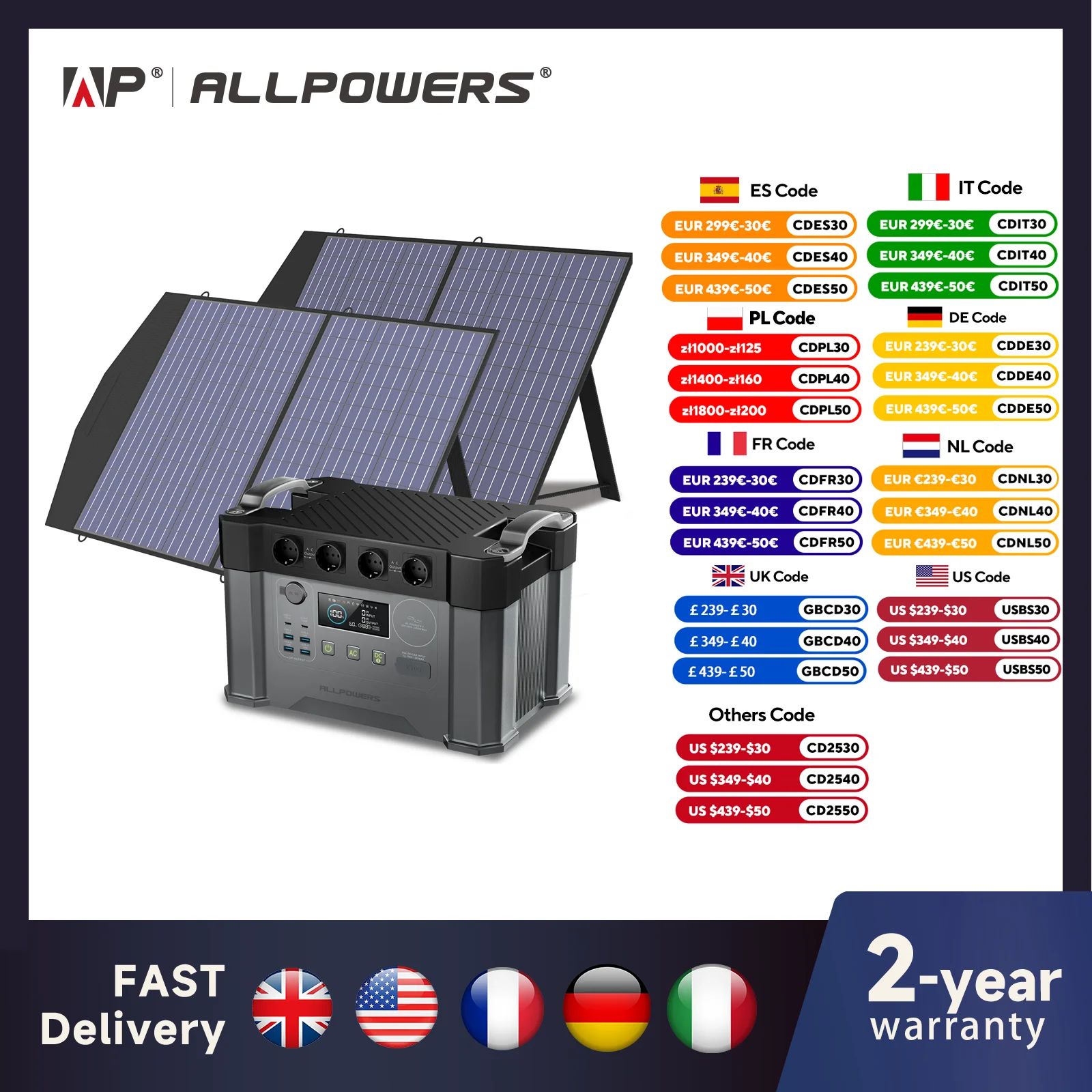 ALLPOWERS S2000 Pro Outdoor-Generator 2400 W MPPT tragbares Kraftwerk mit 4 x 100 W faltbaren Solarmodulen für Wohnmobile, Camping, Zuhause