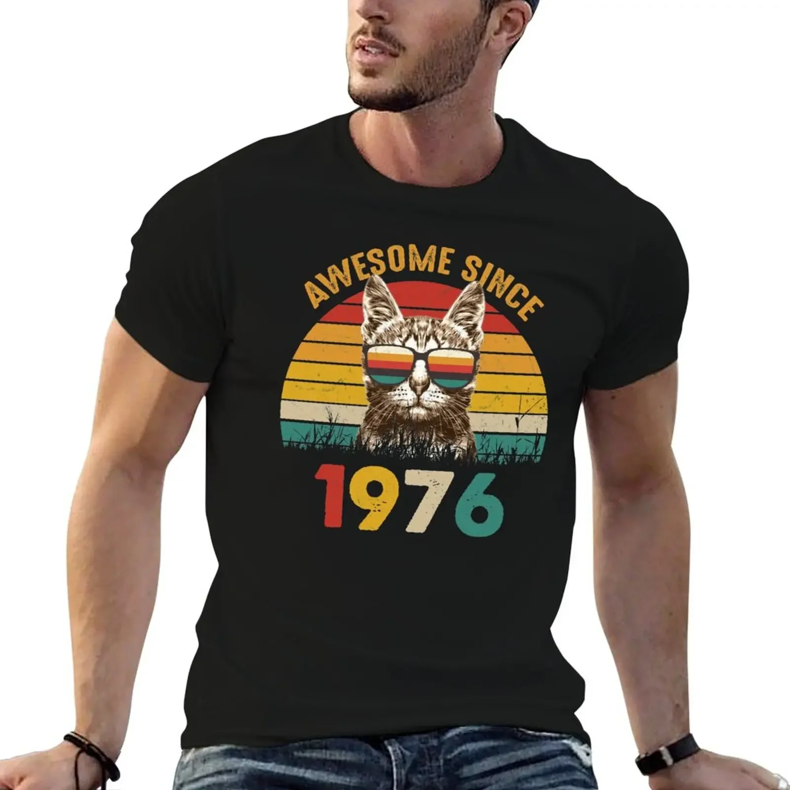 Copy of Awesome Since 1976 Funny Cute cool Cat with shades T-Shirt sweat cute tops mens cotton t shirts