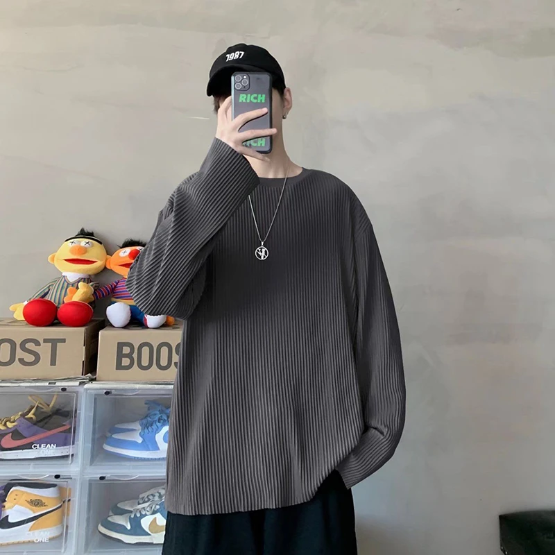 3d Pleated Striped Fashion O Neck Men Sweatshirt 2022 Autumn New Long Sleeve Street Casual Oversized Clothes Korean Harajuku Top
