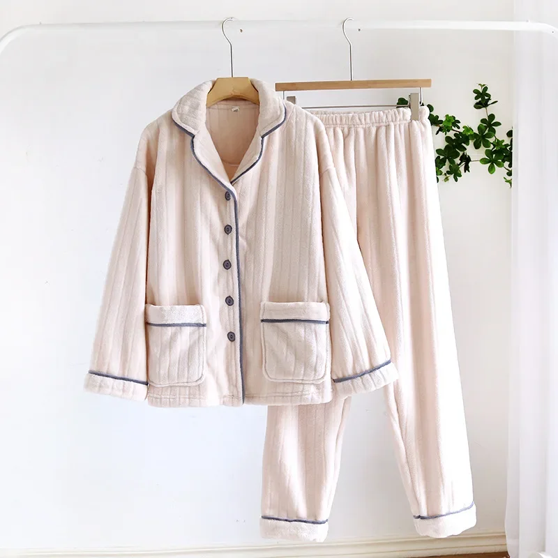 Autumn and winter new couple pajamas long-sleeved trousers two-piece flannel thickened warm coral fleece home service suit