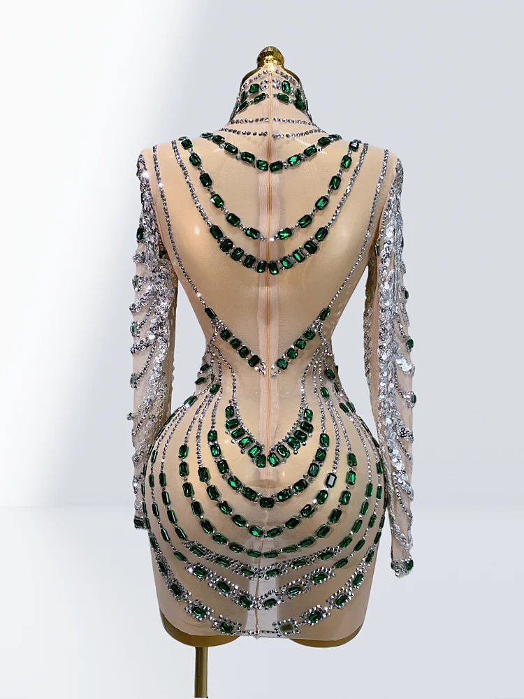 2026 新しい高級グリーンジュエルセクシーなシースルーシアーミニドレスファッション女性パーティーナイトクラブダンサーパフォーマンス衣装