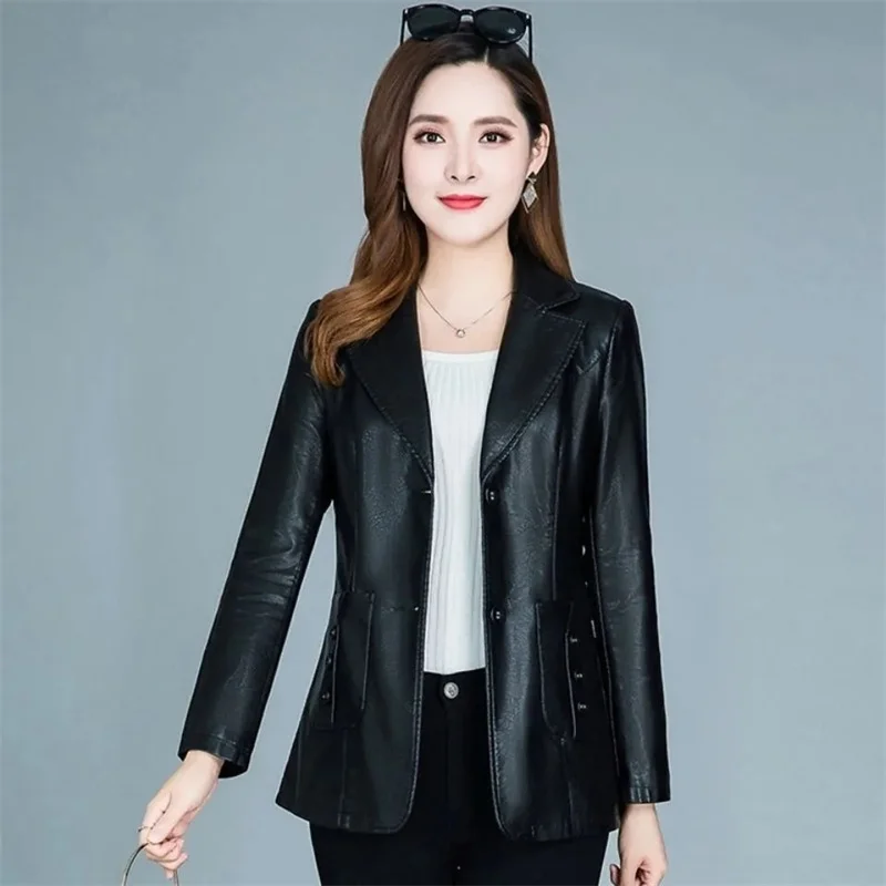 Lady Fashion Large Size 6XL Faux Leather Outwear Spring Autumn Femme Leather Clothing Top Coat Women Leisure PU Leather Jacket