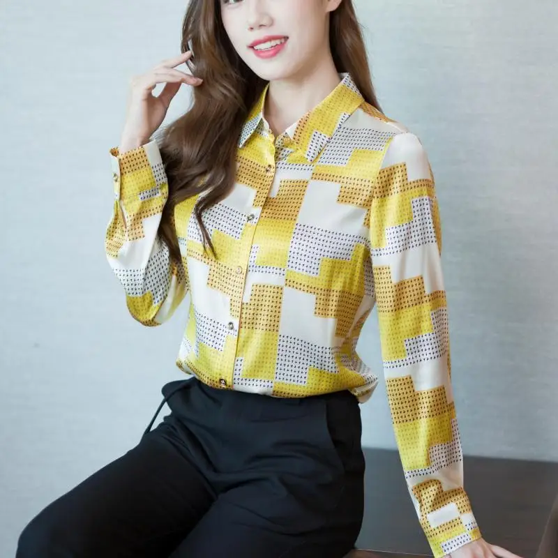 Printed Polo-Neck Button Spring Autumn New Women\'s Simplicity Versatile Slim Long Sleeve High End Satin Imitation Shirt Tops