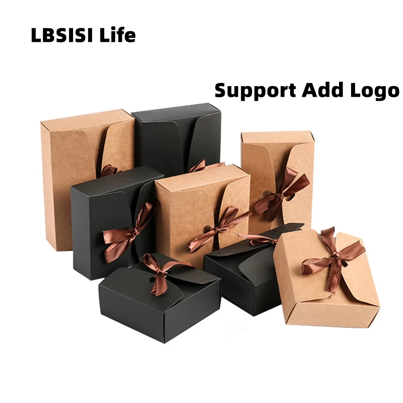 LBSISI Life Kraft Black Boxes With Ribbon Wedding Christmas Favor Boxes Customized Baby Shower Party Gift Boxes