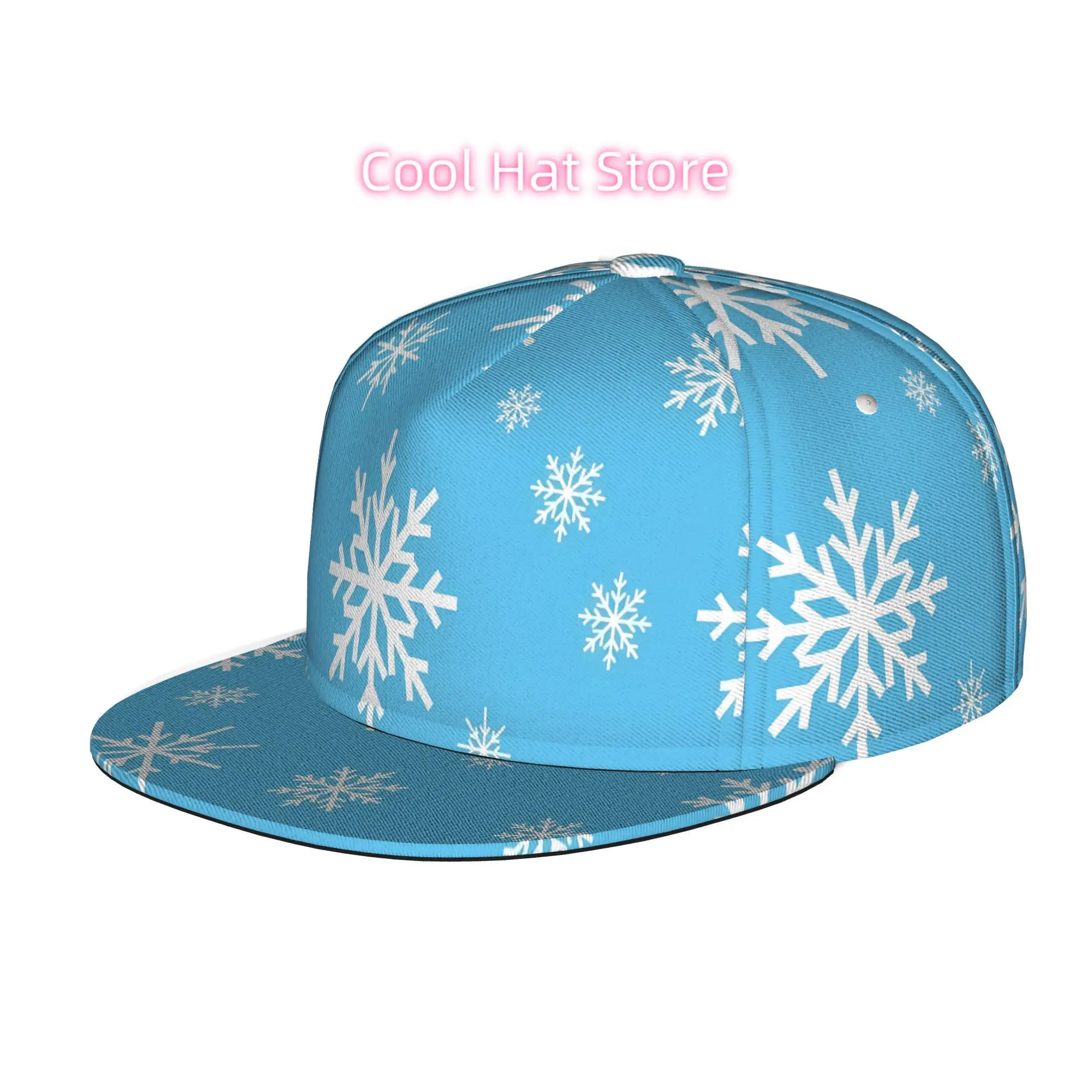 Snowflake Pattern on Blue Background, Men Women Unisex Flat Brim Baseball Cap, Hip Hop Streetwear Snapback Trucker Hat for Skate