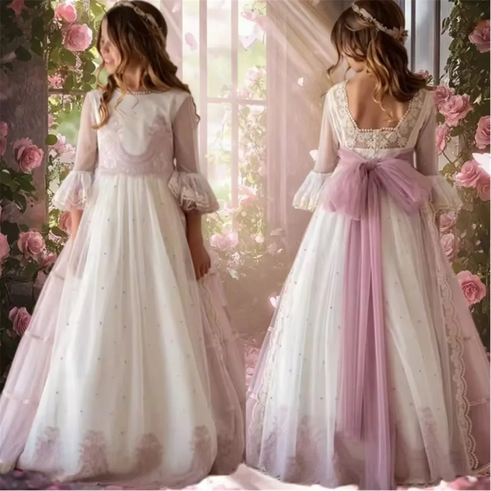 

Элегантное свадебное платье в стиле бохо с цветочным узором для девочек, кружевное платье с аппликацией и бантом, вечернее платье принцессы на день рождения, платья для первого причастия