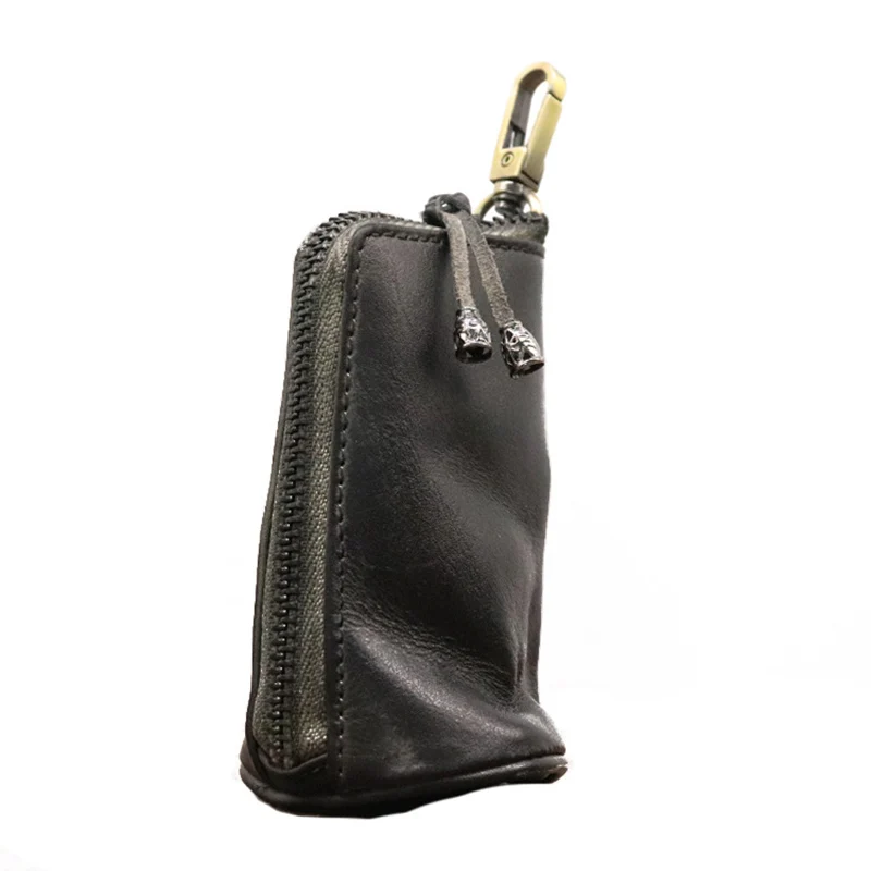 Genuine Leather Coin Purse Key Chain Holder Vintage Wallet Handmade Zipper Pocket Storage Bag Keyring Card Case Organizer