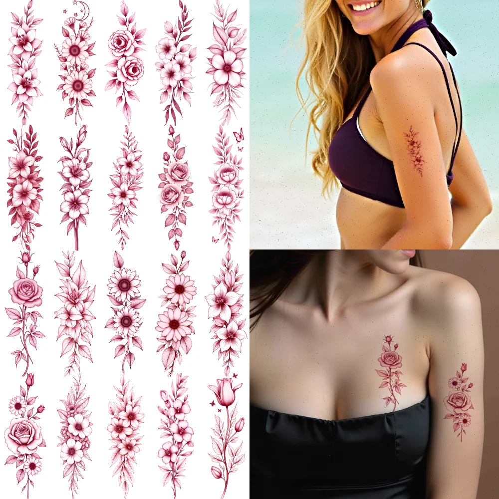 

12pcs Temporary Tattoo Flower Designs Temporary Tattoo Stickers Floral Tattoos Waterproof Long-lasting Body Stickers For Back