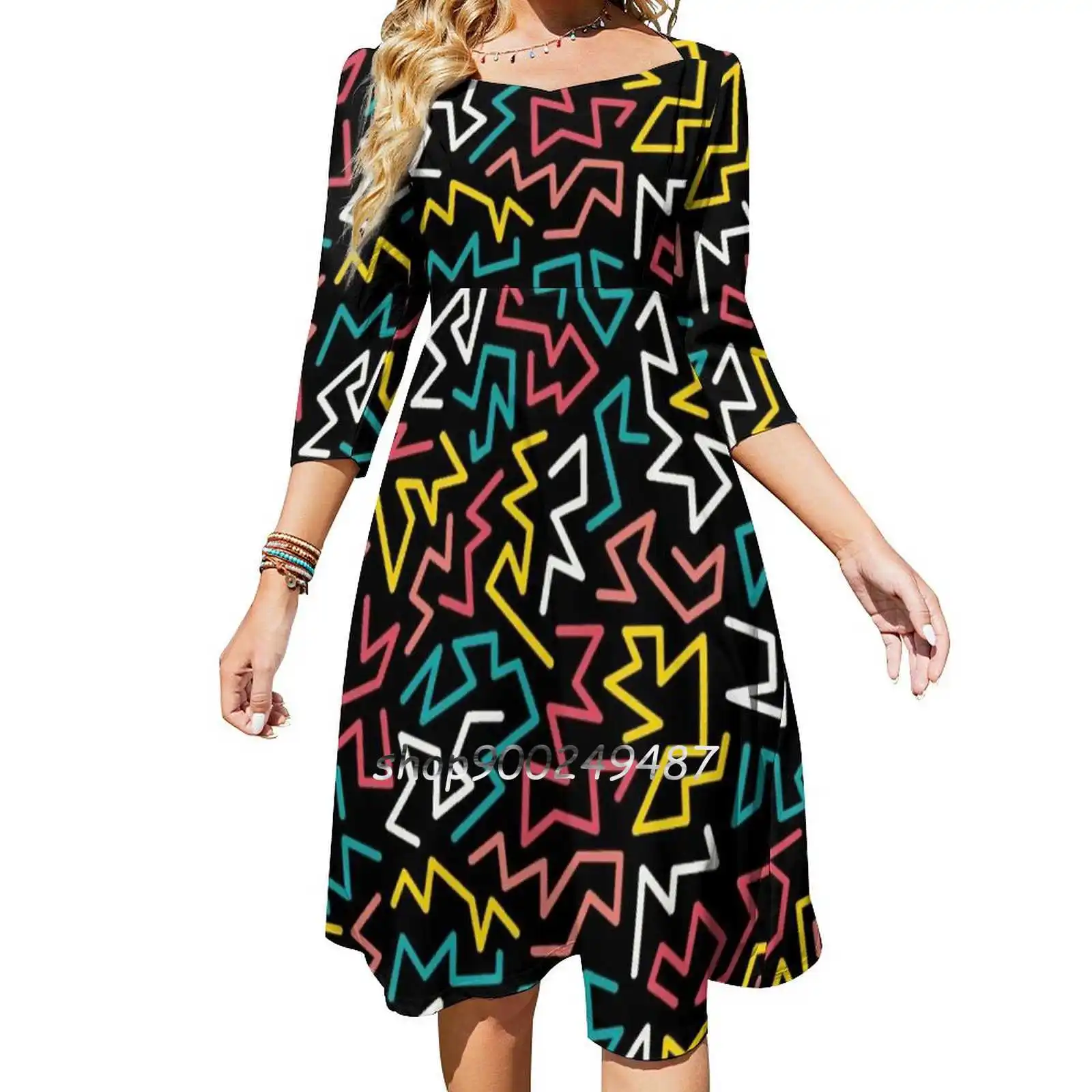 Memphis Dark Pattern. Trendy Geometric Shapes 80S , 90S Square Neck Dress New Plus Size Elegant Women Waist Tight Dress Pattern