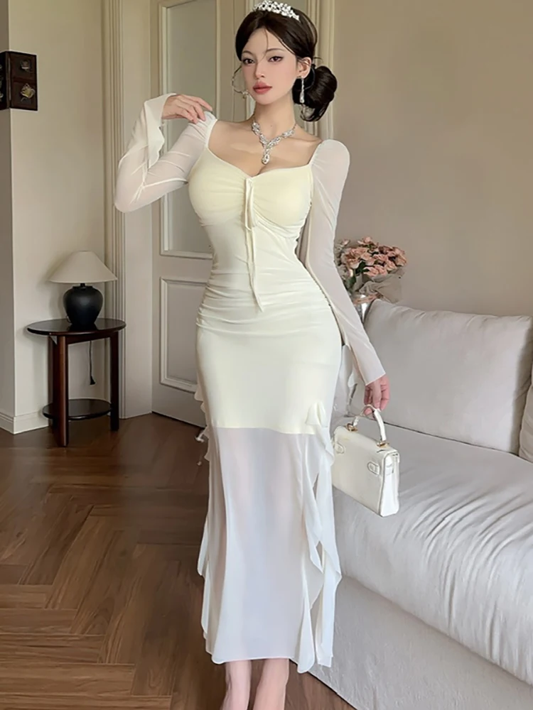 

Белое сетчатое длинное платье с длинным рукавом и бантом с квадратным воротником для женщин, осеннее элегантное длинное платье с рюшами, 2024, корейское роскошное вечернее платье