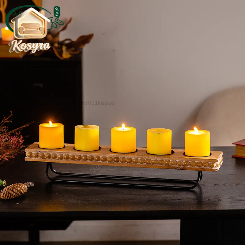 Medieval solid wood candle holder Temple Zen candle base Five-headed candle holder Tabletop decoration atmosphere props