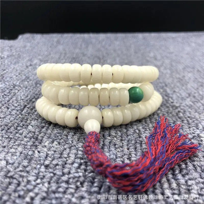 108White Corypha Umbraculifea Pieces Barrel Bead Bracelet with Turquoise Tablet-Shaped Multicolored Tassel Pendant