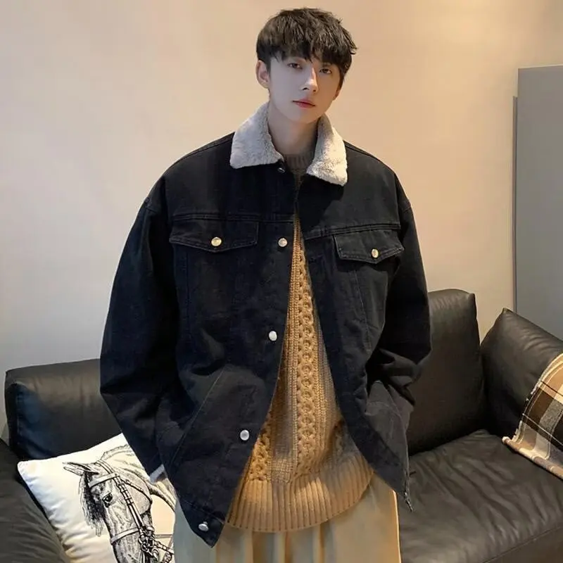 

Lamb Wool Denim Jacket Autumn Winter Men's Coat Trendy Velvet Thickened Warm Cotton Clothes Lapels Single Breasted Denim Men Top