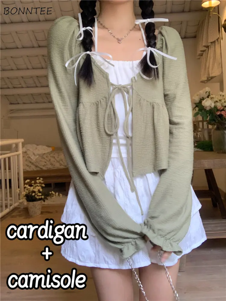 

2 Pcs Sets Women Sweetheart Girls New Spring Leisure Cardigans Pure Cropped Halter Camisole Popular Chic Preppy Style Literary