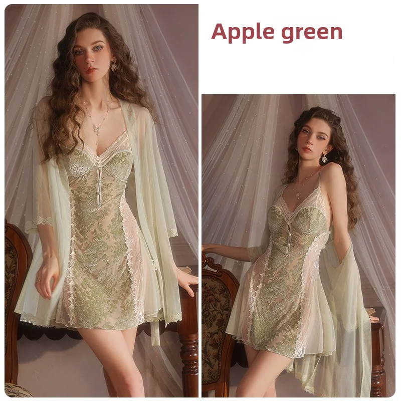 Burnt Flower Light Luxury Sexy Lace Chest Mat Mesh Splicing Perspective Temptation Strap Sleeping Skirt Outer Robe Home Set