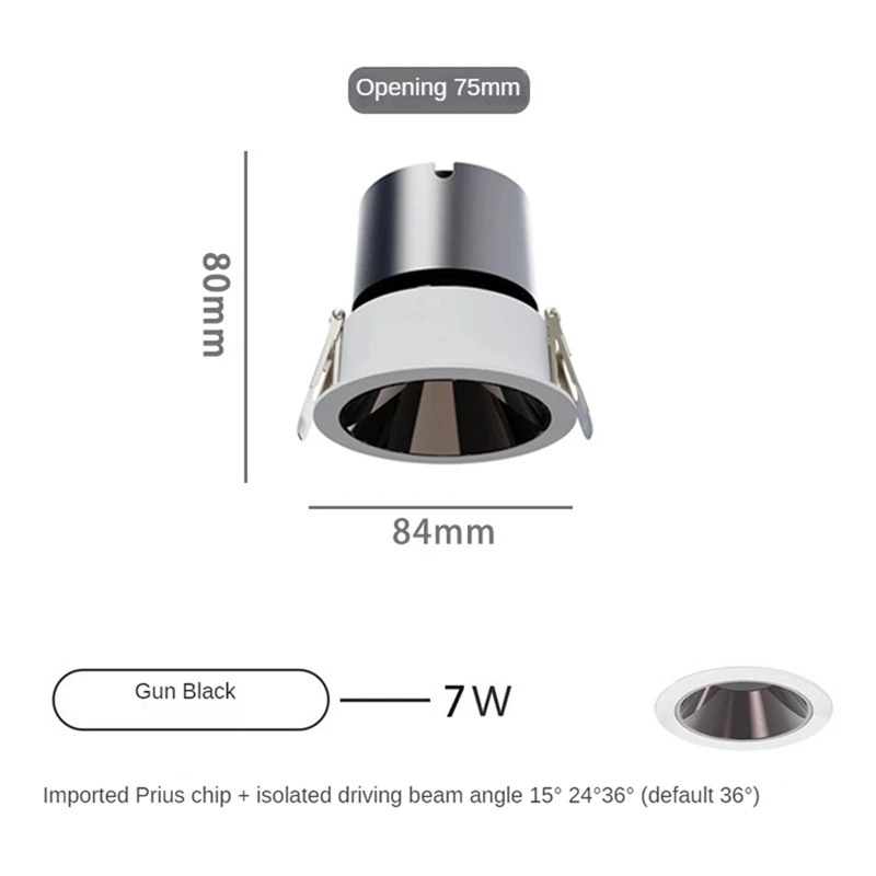 Anti-Glare LED Spotlight Dimmable Recessed Downlight 7W Aluminum Dining Room Shop Office Bedroom Lighting