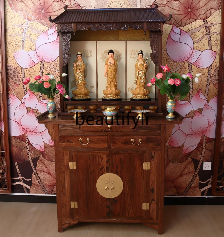 Household Zen New Chinese Vertical Cabinet Shentai God of Wealth Guanyin Bodhisattva Tribute Platform Solid Wood