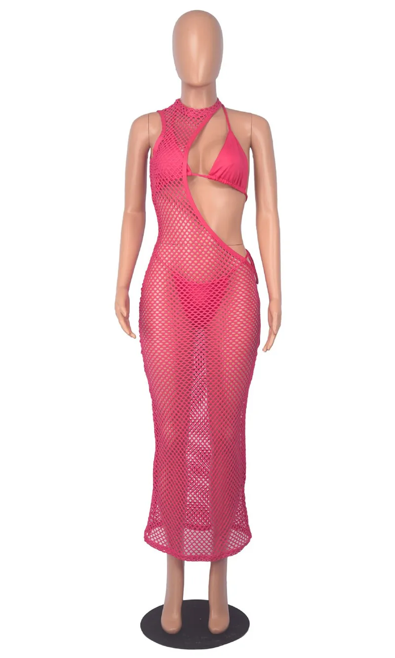 Sexy See Through Fishnet Women Three Piece Bikinis Set Crochet Knitted Hollow Out Maxi Cover Ups Dress Bra And Thong Beachwear