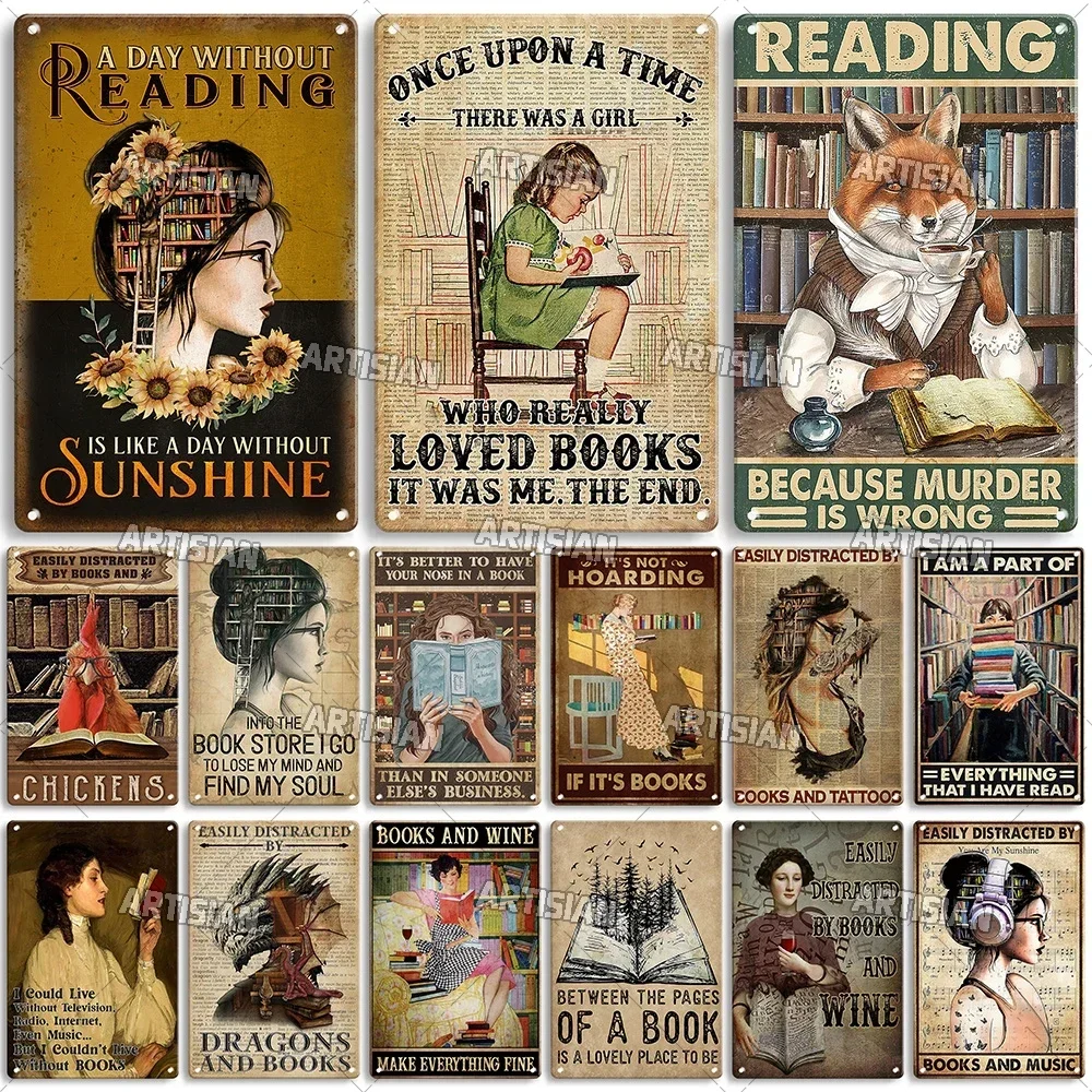 Künstler Mädchen liebt Bücher Metalls Kind Lesen Zinn Poster Lesebuch dekorative Platte Zauberstab Dekoration Garage Bar Pub Club