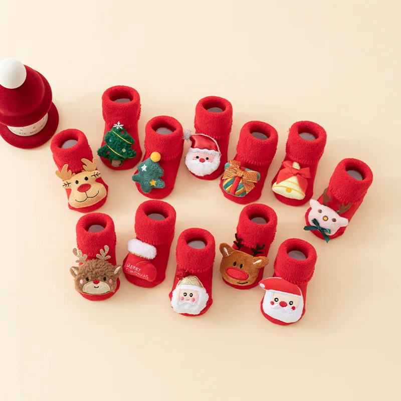 Baby Toddler Red Christmas Socks 0-3Y - Terry Fleece Lined Thick Warm Anti-Slip Floor Socks Cute Santa Claus and Elk Doll Socks