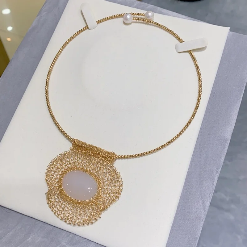 

SGARIT Collar 14K Filled Gold Chain Natural White Chalcedony Necklace Women's Holiday Gift Jewelry SN05