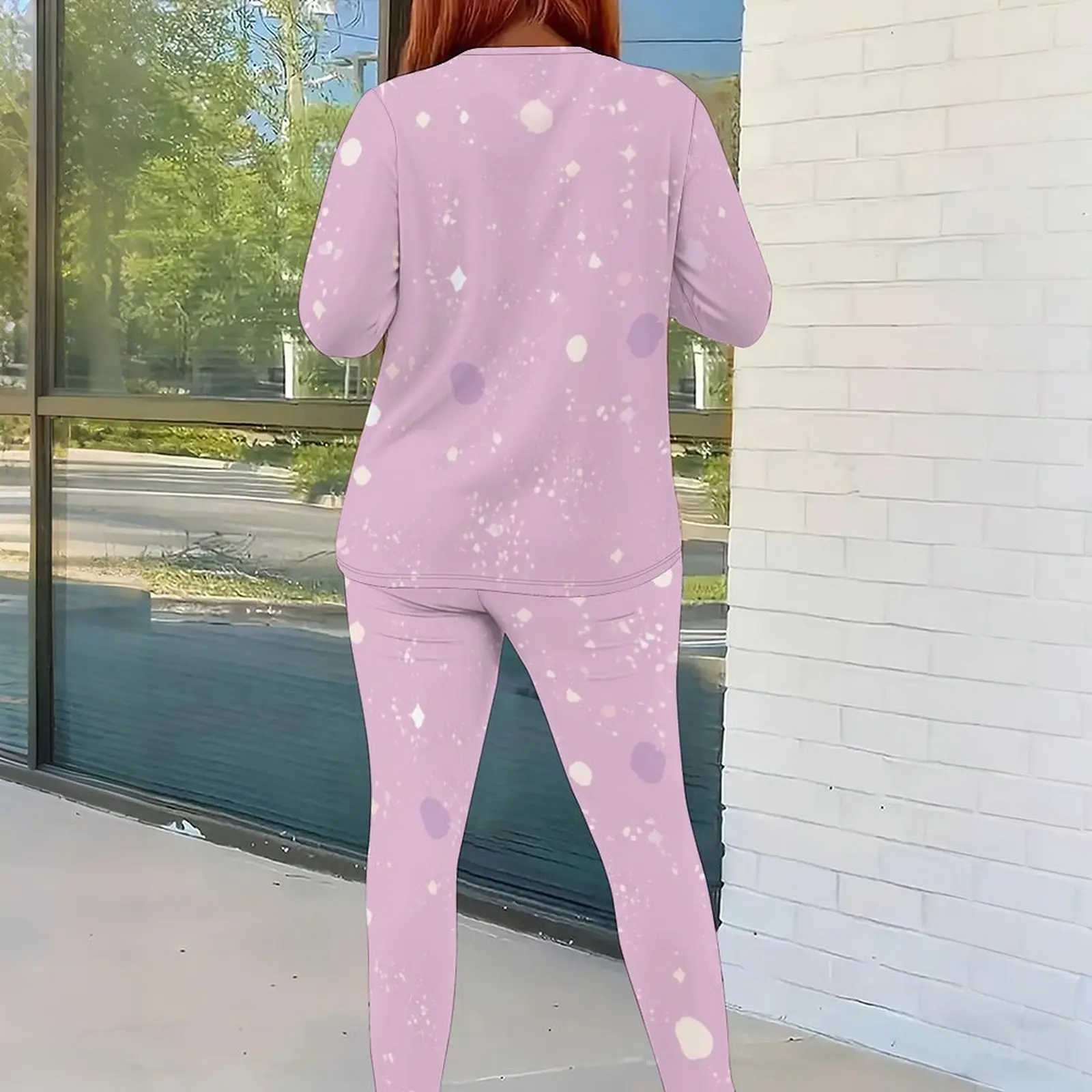 Women Light Purple Star Dot Speckle Printed Long Sleeve Round Neck Top and Fitted Pants Two Piece Set