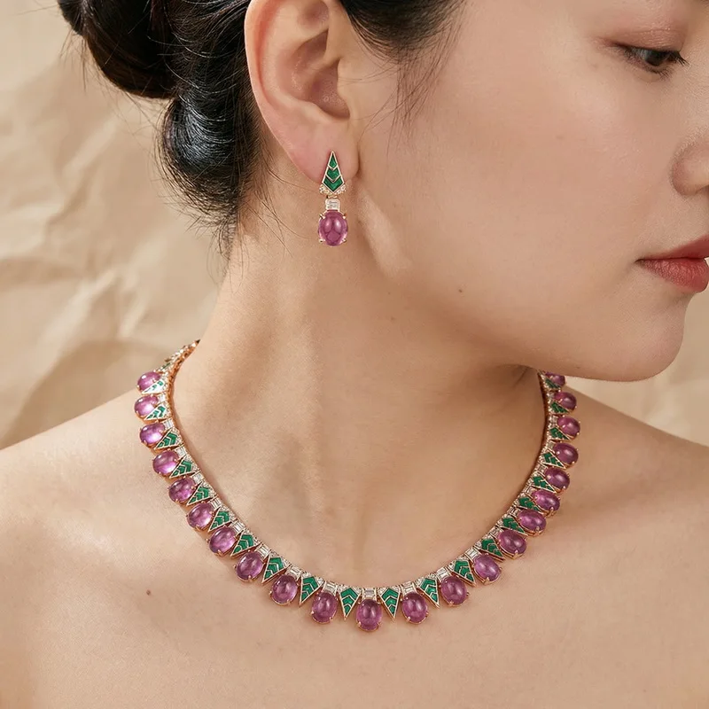 

Designer Collection Earrings Necklace Women Lady Inlay Cubic Zircon Green Enamel Synthetic Purple Gemstone Party Jewelry Sets