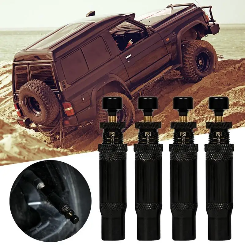 Automatic Tire Deflator Adjustable Offroad Accessories Valve Stem Kit 4 Pieces 4x4 Spin-on Tire Inflator Tool 10-30 PSI