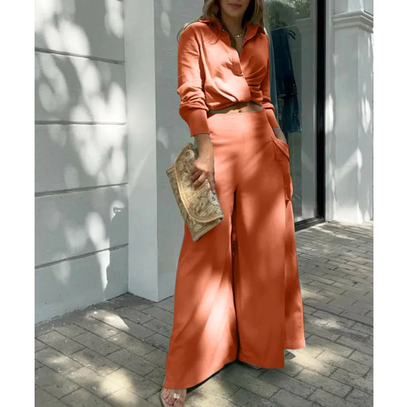 Women Shirt Two Piece Set Solid Color Elegant Spring Summer Fashion Long Sleeve Shirt + Wide Leg Pants Office Ladies Female Suit