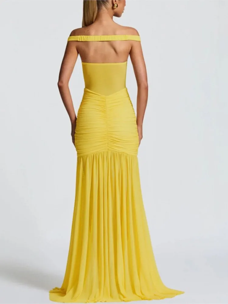 Robe à épaules dénudées pour femmes, tendance d'automne, manches courtes, couleur unie, robes Sexy élégantes, soirée, slim, extensible, Maxi, moulante