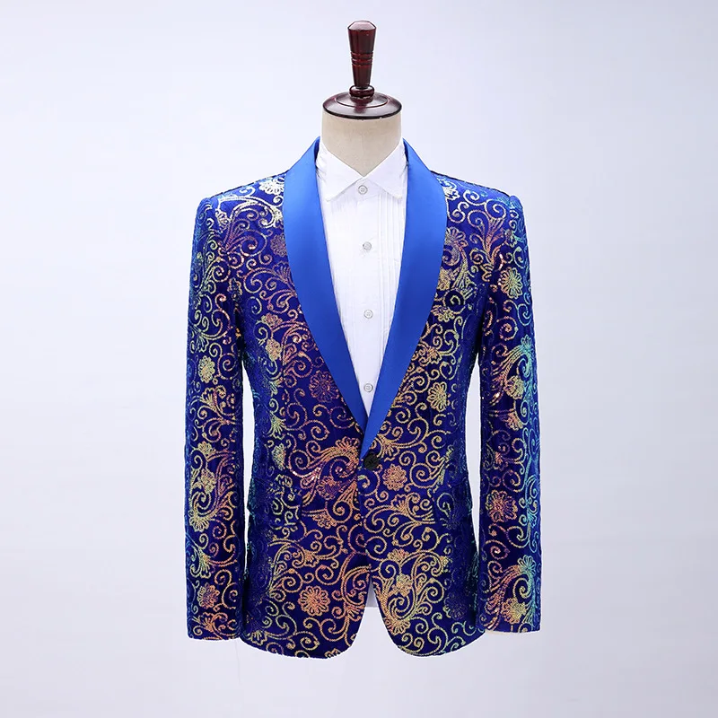 

Men Prom Suit Velveteen Moire Sequins Color-blocking Suits Preside Singer Gown Parang Lapel Collar Stage Perform Vest Suits