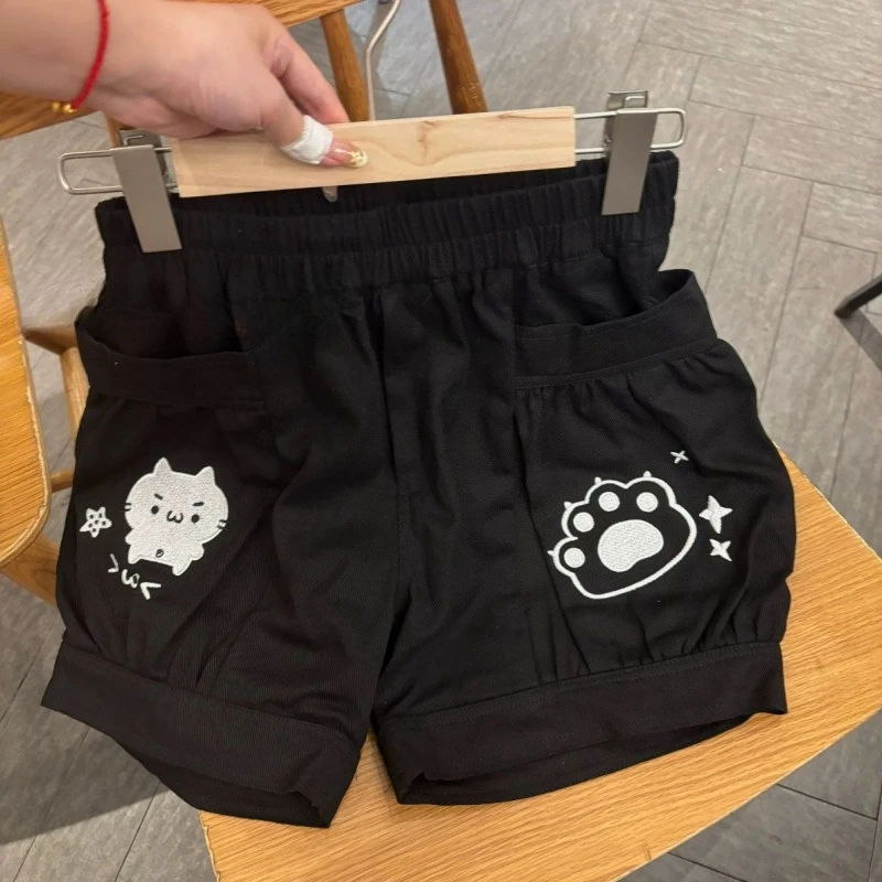 Japanese Cartoon Embroidery Shorts For Women Elastic Waist Casual Loose Pumpkin Pants 2026 Summer Y2k Aesthetic Pocket Trousers