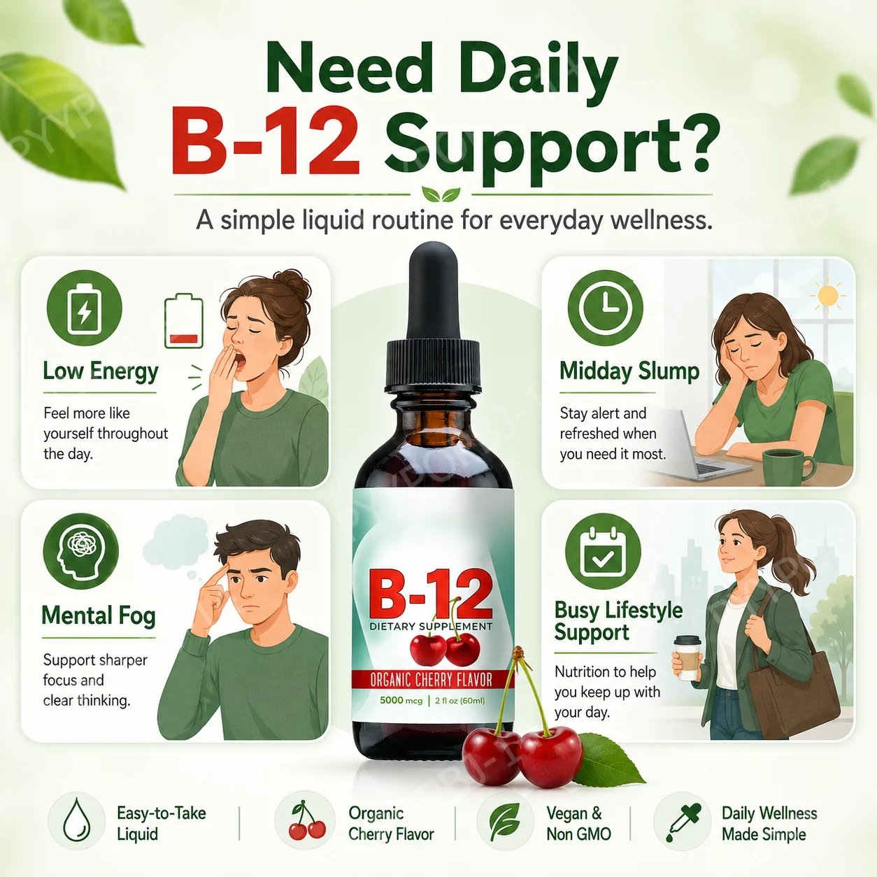 Vitamin B12 Methylcobalamin Liquid Drops 5000 Mcg, Cherry Flavor, 2 Fl Oz, 60 Servings, Vegan Sugar Free Daily Supplement