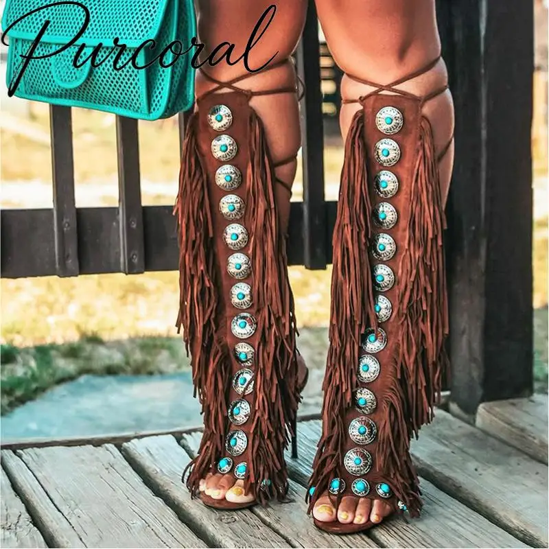 Sandalias Gladiador Altas hasta la Rodilla con Flecos Estilo Western para Mujer, Decoración Metálica de Conchos, Punta Abierta, con Cordones, Tacones de Aguja Altos hasta el Muslo, Estilo Vaquera