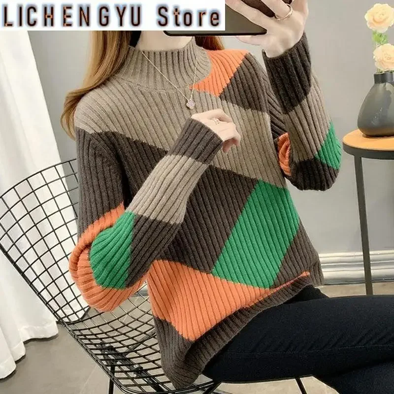 New Autumn and Winter Fashion Trend Color Blocking Half High Neck Loose and Versatile Westernized Women's Long Sleeved Sweater